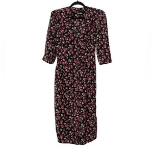 Vintage Black and Pink Ruched Wrap Midi Dress with Puff Sleeves